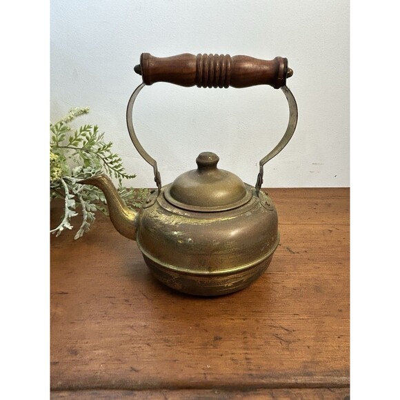 Small Vintage Brass Tea Kettle W/Wood Handle & Gooseneck Spout Patina READ - Picture 1 of 10